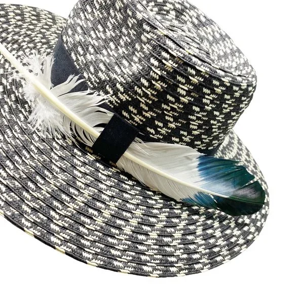 Black & White Straw Feather Fedora - Picture 6 of 13